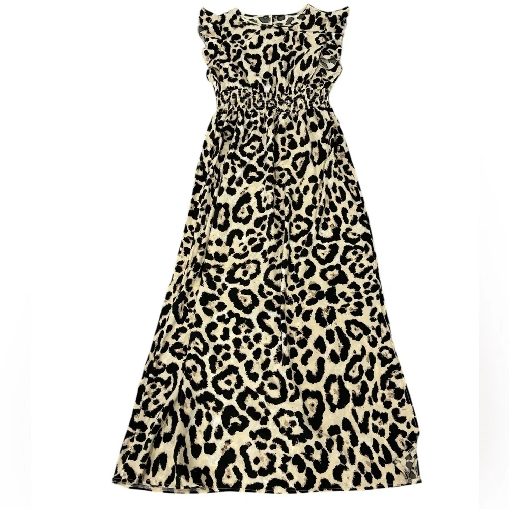 Women’s Animal Print Leopard Black Tan Maxi Long Ruffle Sleeve Dress Medium - Picture 4 of 8